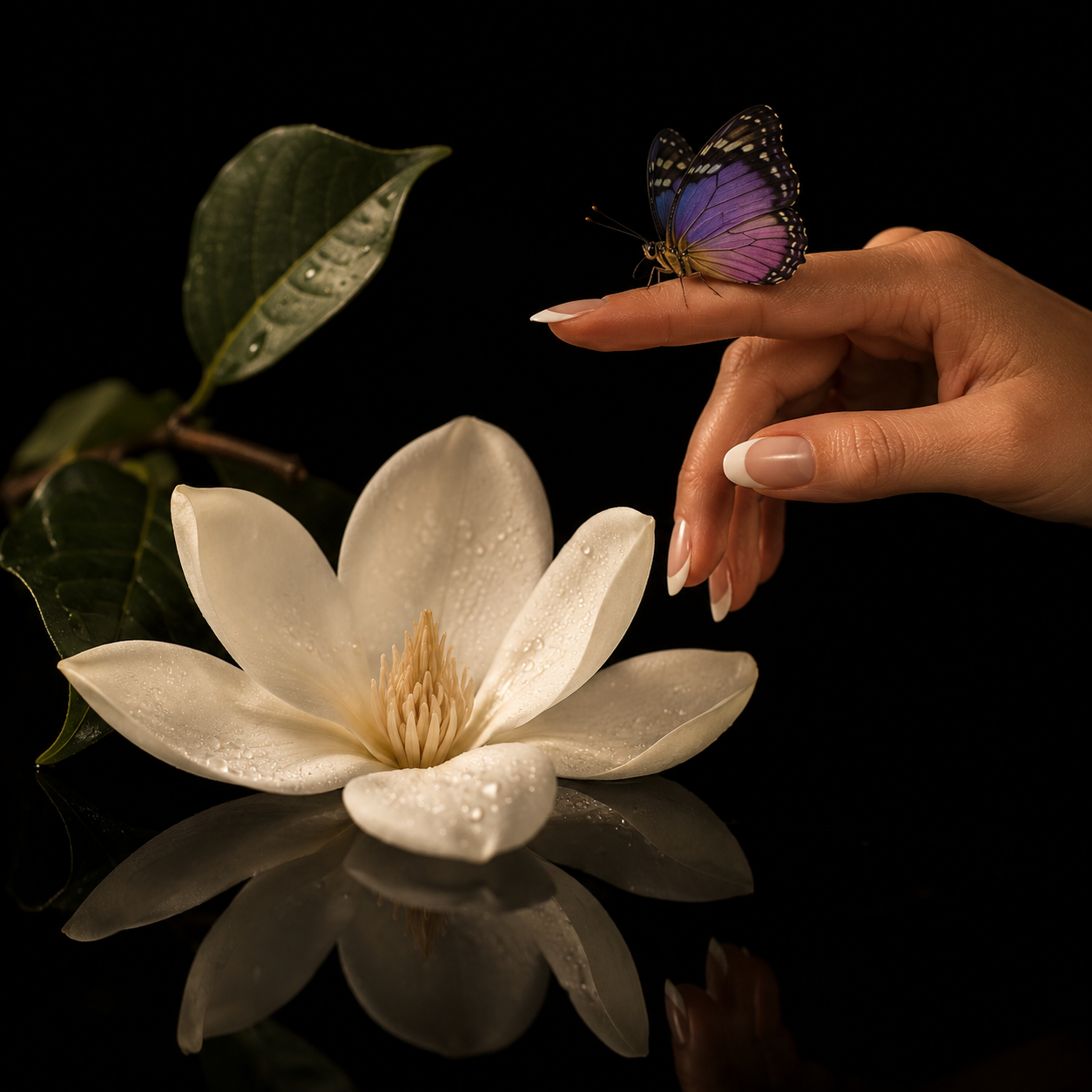 A hand with French manicure is gently touching a purple and black butterfly perched on a person's finger, next to a white magnolia flower with water droplets, with green leaves and a black background.