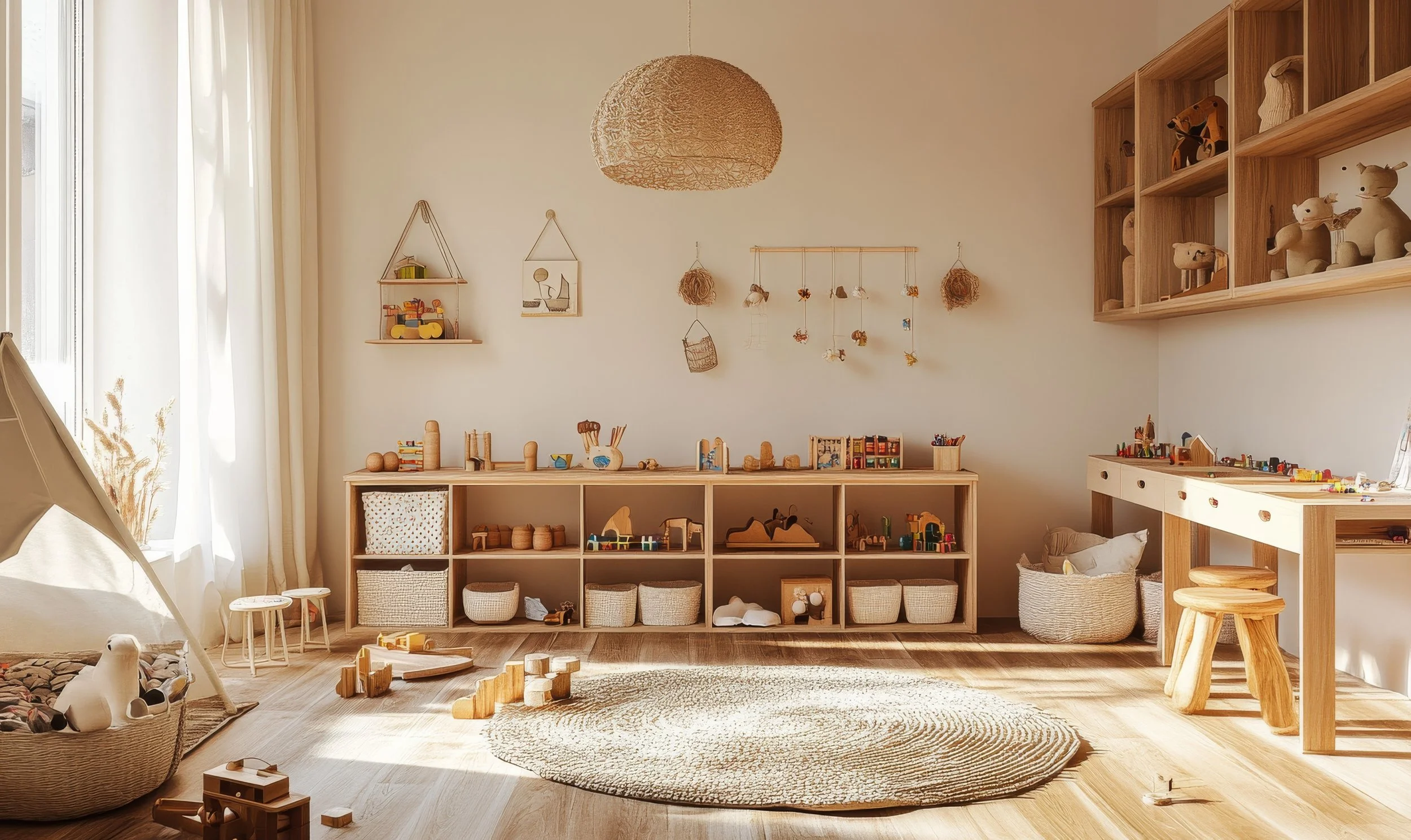 A cozy children's playroom with natural wood furniture, toys, and soft lighting. There is a tent on the left, a circular rug on the wooden floor, and storage cubbies filled with toys across the wall. The room features shelves with stuffed animals and decorative items, and natural light filters from a window with white curtains.