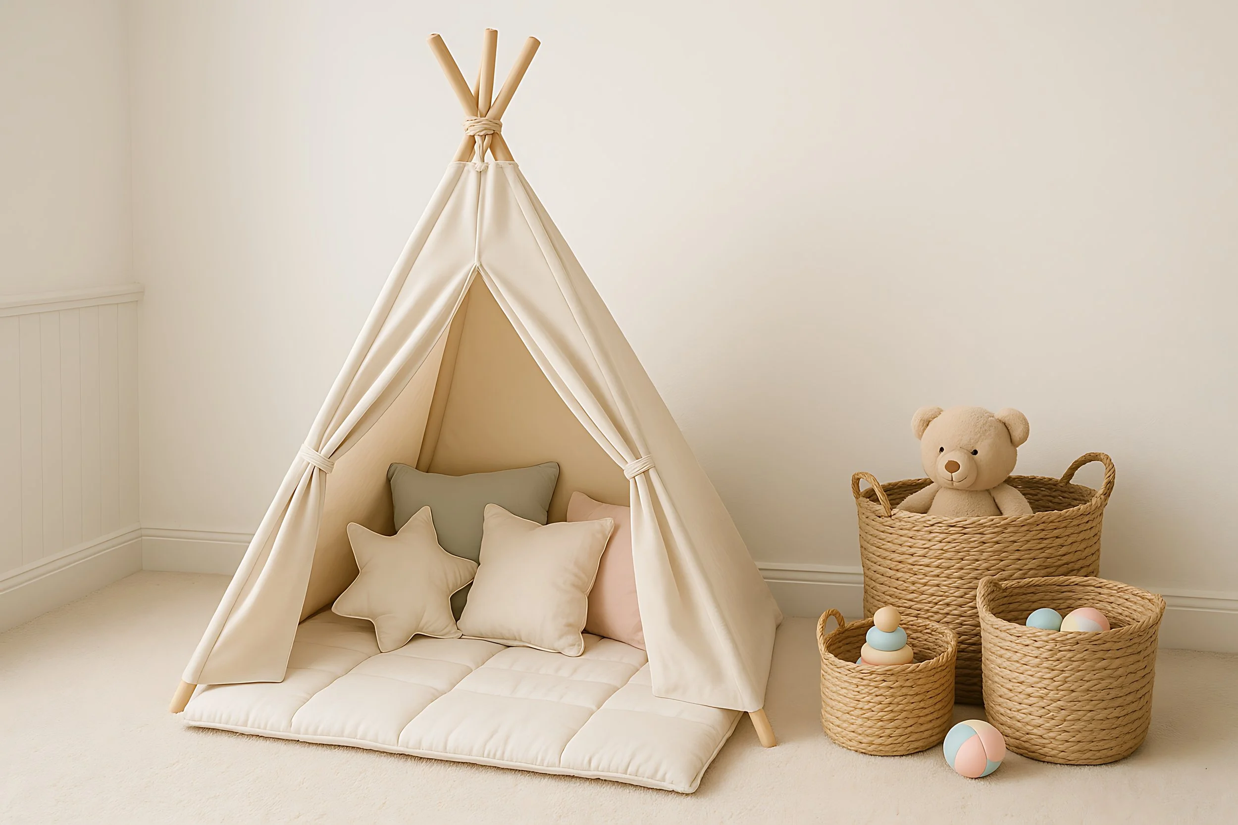 A beige children's teepee tent with pillows inside next to a large wicker basket with a teddy bear and two smaller baskets with pastel-colored balls.