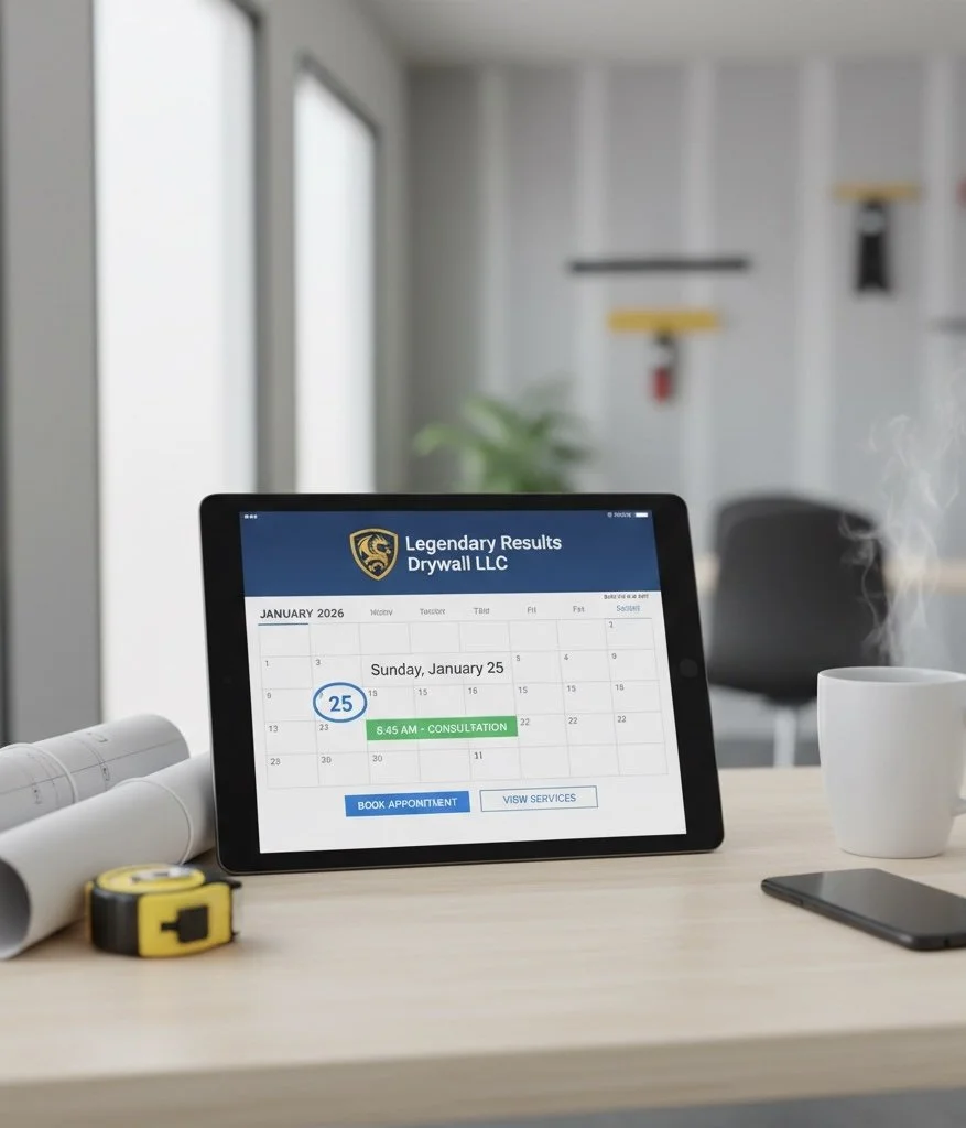 Digital tablet on a wooden desk displaying schedule for Legendary Results Drywall LLC with appointment on Sunday, January 25 at 5:45 AM for consultation, along with tools, a steaming cup of coffee, and some blueprints or rolled papers.
