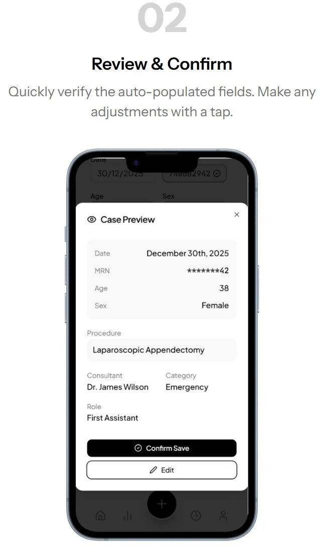 Screenshot of a mobile app displaying a medical case preview, including patient details, procedure, doctor, category, role, and options to confirm or edit the entry.