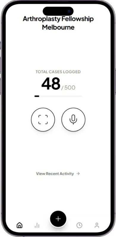 Mobile app screen showing arthritis fellowship in Melbourne with 48 cases logged out of 500, featuring recording and camera icons.