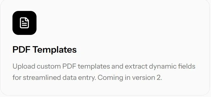 Screenshot of a PDF Templates app or webpage with a description about uploading custom PDF templates and extracting fields, mentioning version 2.