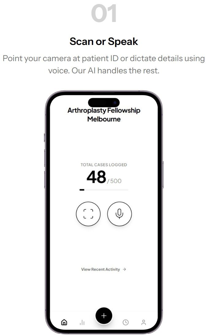 Mobile app screen for Arthroplasty Fellowship Melbourne showing total cases logged and options for scanning or speaking to record data.
