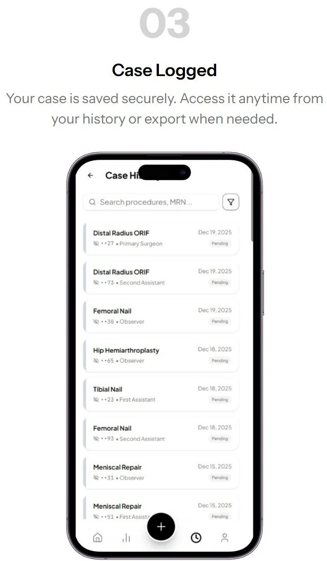 A smartphone displaying a medical case management app with cases of various procedures and revisions, labeled as 'Case Logged', indicating secure saving and easy access.
