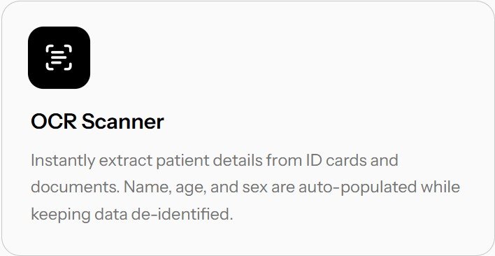 Screenshot of an OCR scanner app interface, describing its function to extract patient details from ID cards and documents, including auto-population of name, age, and sex.