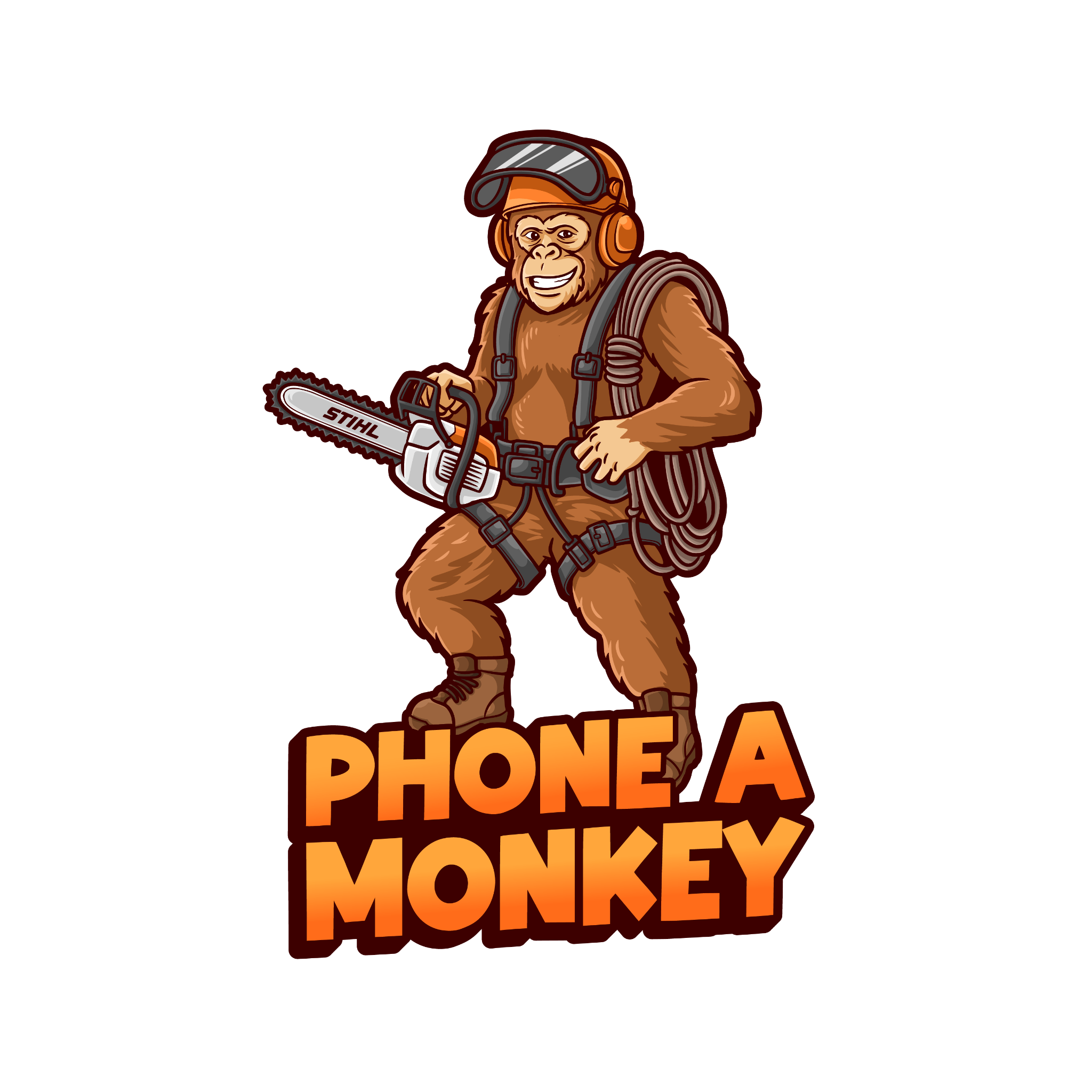 A cartoon gorilla wearing a helmet and backpack holding a chainsaw, with bold text that reads 'PHONE A MONKEY'.