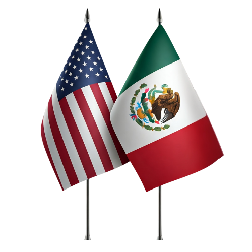 American and Mexican flags crossed on display poles.