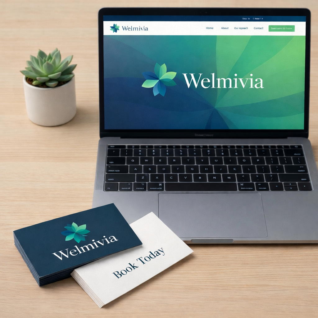 A laptop displaying the Welmivia website, with a potted succulent plant to the left, and promotional flyers on the desk that say 'Book Today' with the Welmivia logo.