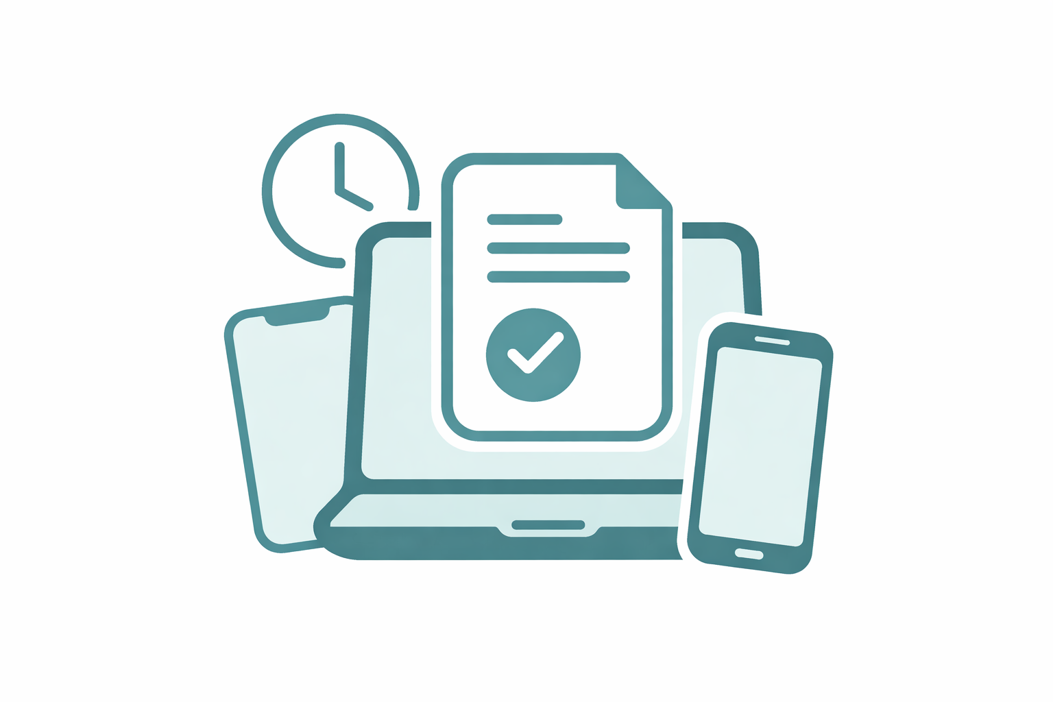 Digital illustration of a laptop, a smartphone, a clock, and a document with a checkmark symbol.