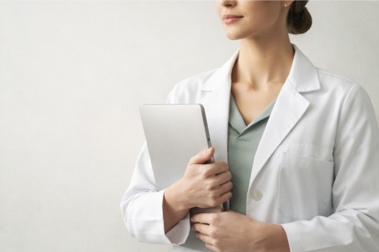 A female medical professional wearing a white lab coat holding a tablet device.