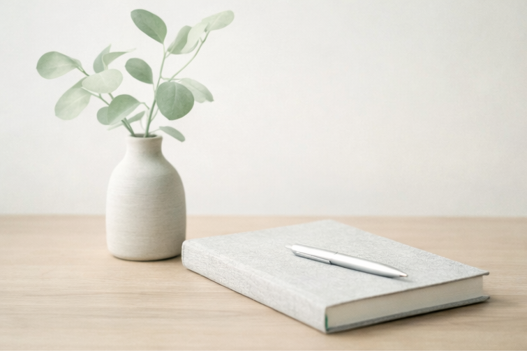 A white vase with green leafy plant, a closed gray notebook, and a silver pen resting on it on a wooden table.