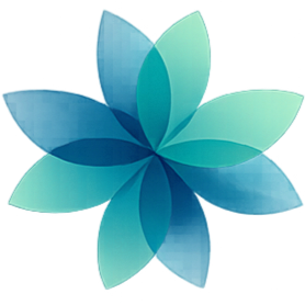 A stylized, overlapping flower design with blue and teal petals.