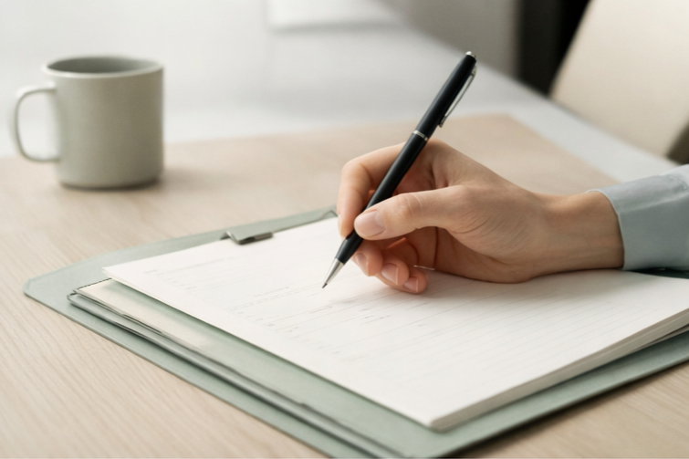 A person writing on a notepad with a black pen on a light-colored wooden desk, with a mug nearby.