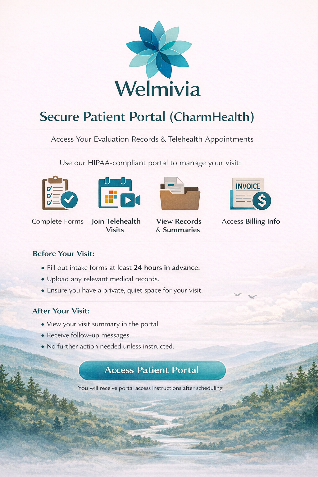 Information guide for patients on how to use the secure patient portal Welmvia, including steps for completing forms, joining telehealth visits, viewing records, and billing info, with instructions before and after visits.