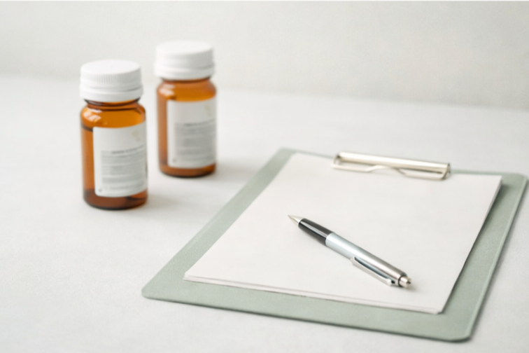 Two medication bottles, a clipboard with paper, and a pen on a white surface.