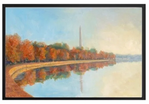 Painting of a river scene with autumn trees on the left, a city skyline, and the Washington Monument in the background.