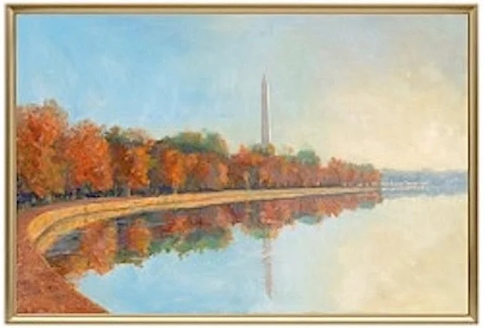 Painting of a river scene with colorful autumn trees along the bank and a tall monument in the background.