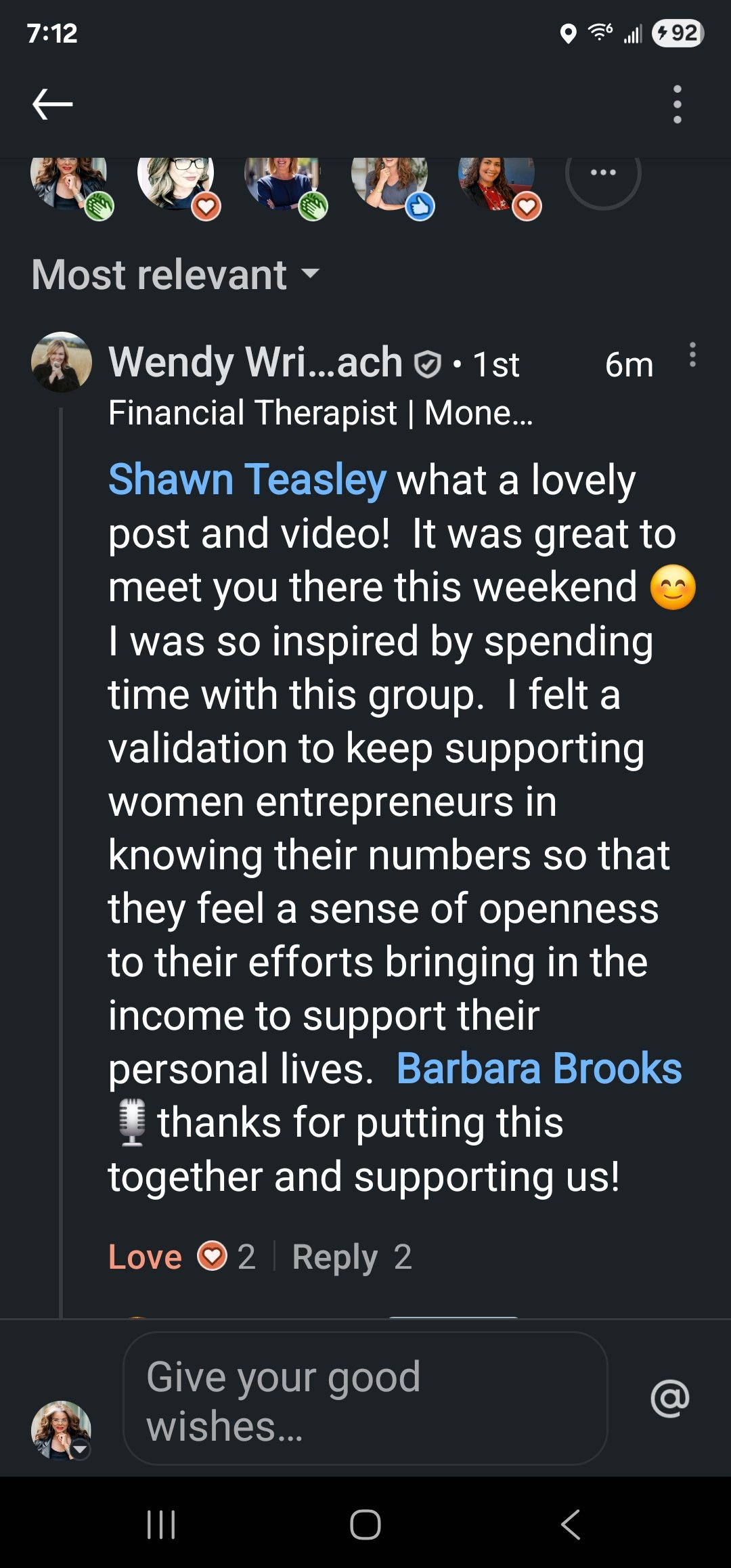 Screenshot of a social media comment thread showing a post from Wendy Wright, a financial therapist, responding to Shawn Teasley with a positive comment about meeting and supporting women entrepreneurs.