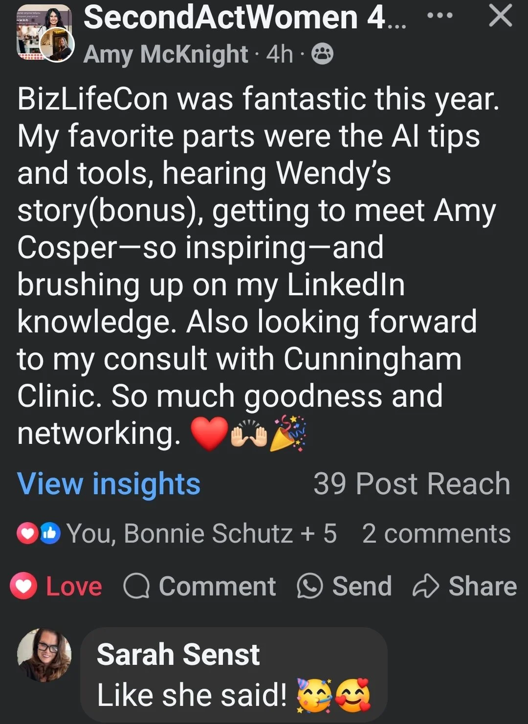 Facebook post expressing enthusiasm about BizLifeCon, mentioning AI tips, Wendy's story, connecting with Amy Cosper, LinkedIn knowledge, and plans to consult Cunningham Clinic, with emojis for love, celebration, and networking.