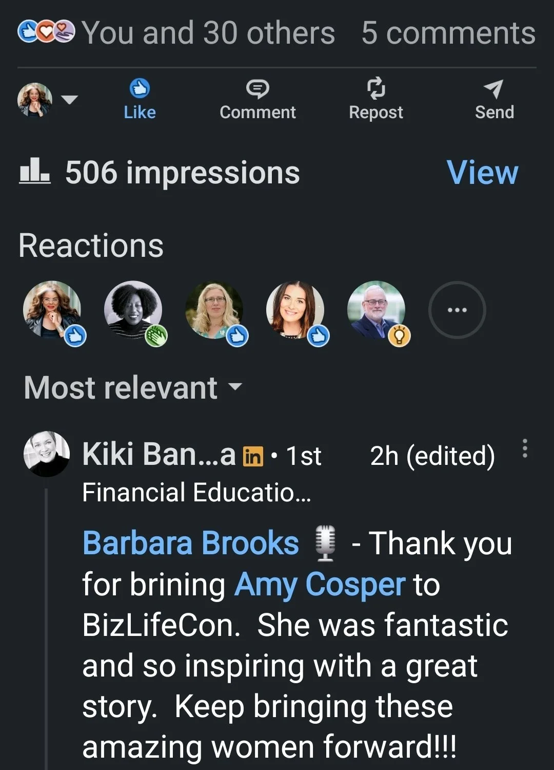Screenshot of a social media post showing 506 impressions and five reactions, including people with different profile pictures. The most relevant comment thanks Barbara Brooks for bringing Amy Cosper to BizLifeCon, praising her for her inspiring story.