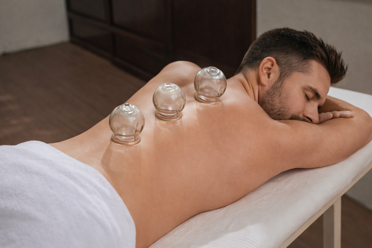 Man getting cupping on his back