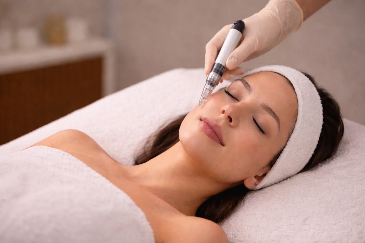 Woman getting microneedling on her face