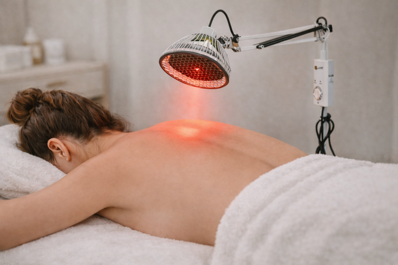 Woman gets infrared lamp treatment on back