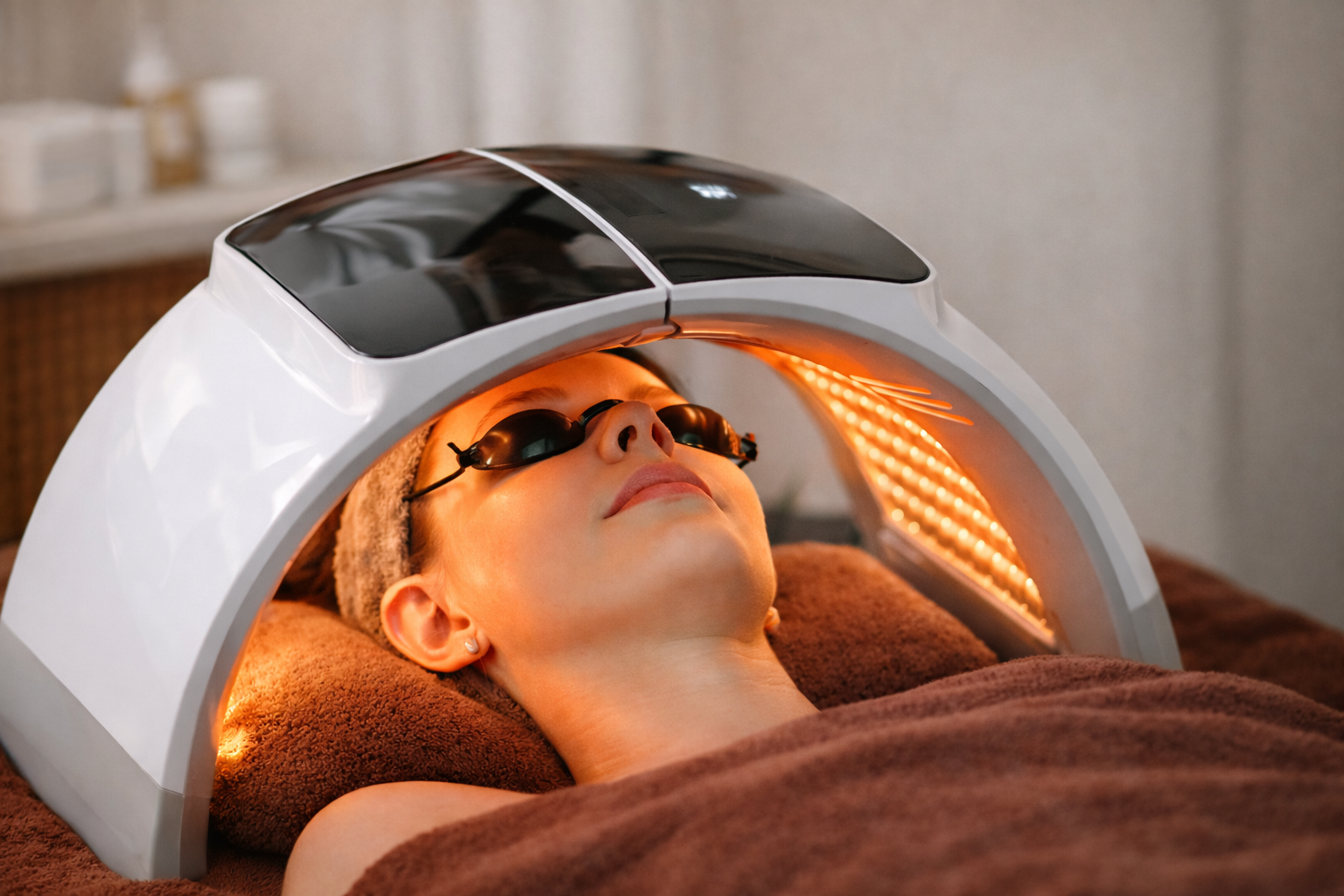 Woman gets LED treatment on face with arch light