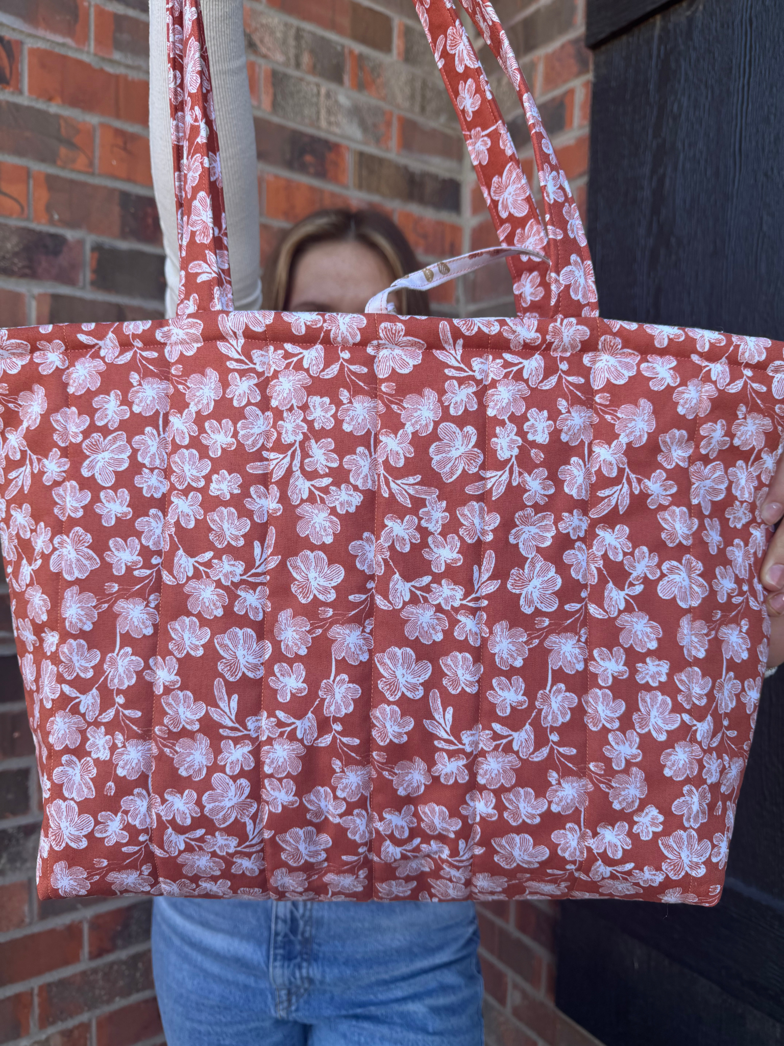 Rust Floral Quilted Cotton Tote Bag