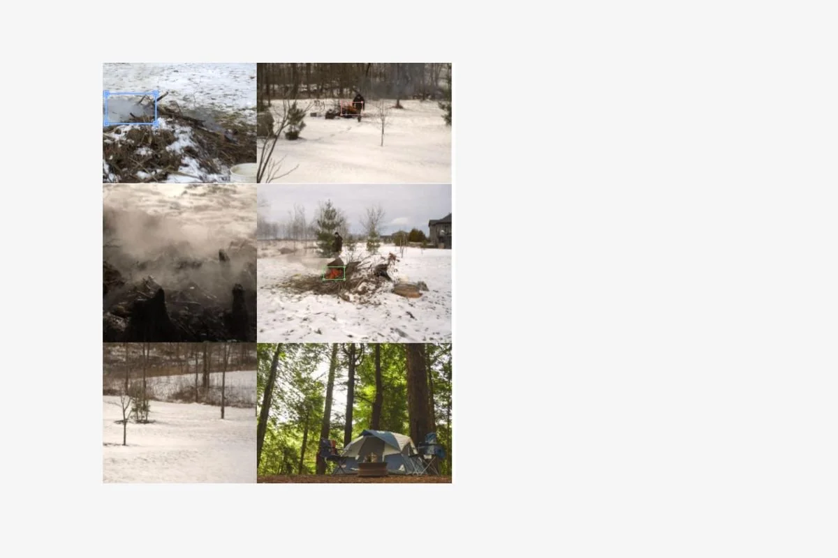 Six photos depicting winter scenes with snow, trees, a camping tent in the forest, and a camping setup with a tent and chairs.