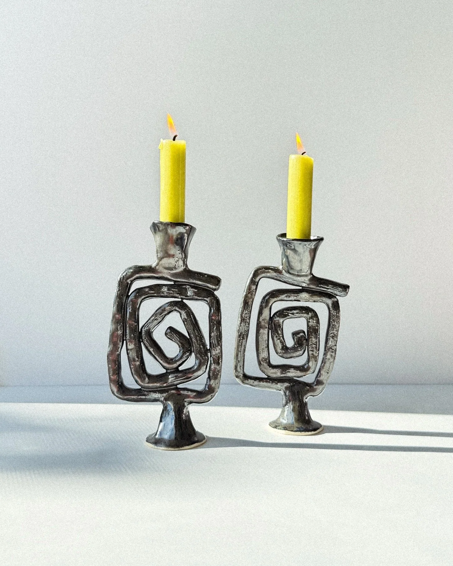Wonky square spiral candle holders - 7.25"(18.5cm) tall x 4" (10cm) wide / Stoneware / Mirror glaze