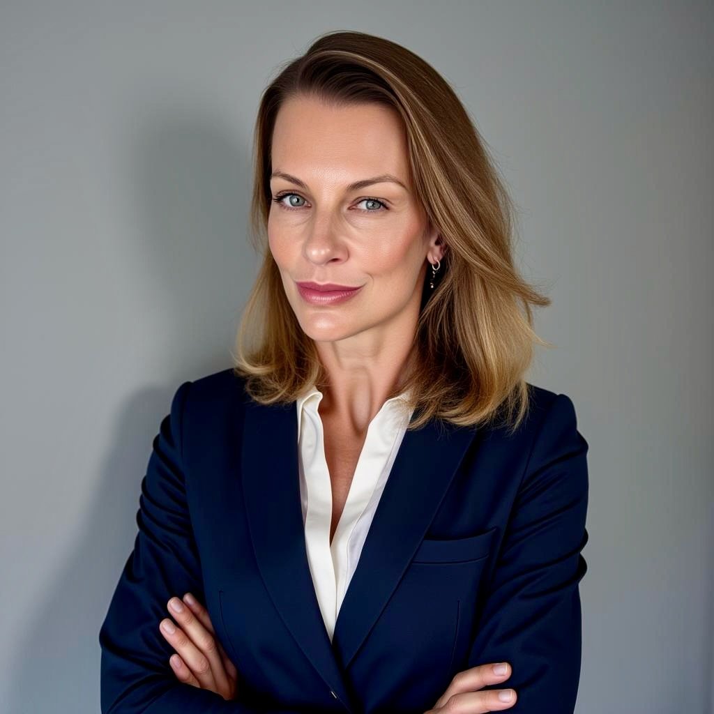 A woman with light skin and shoulder-length brown hair, wearing a navy blazer over a white blouse, standing with arms crossed against a plain gray background.