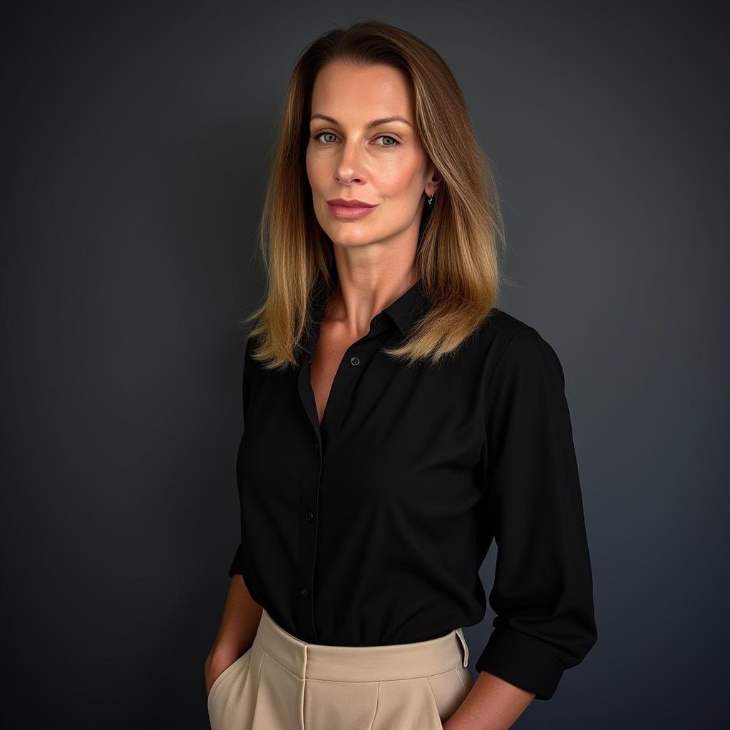 A woman with shoulder-length blonde hair wearing a black button-up shirt and beige pants, standing against a dark gray background.