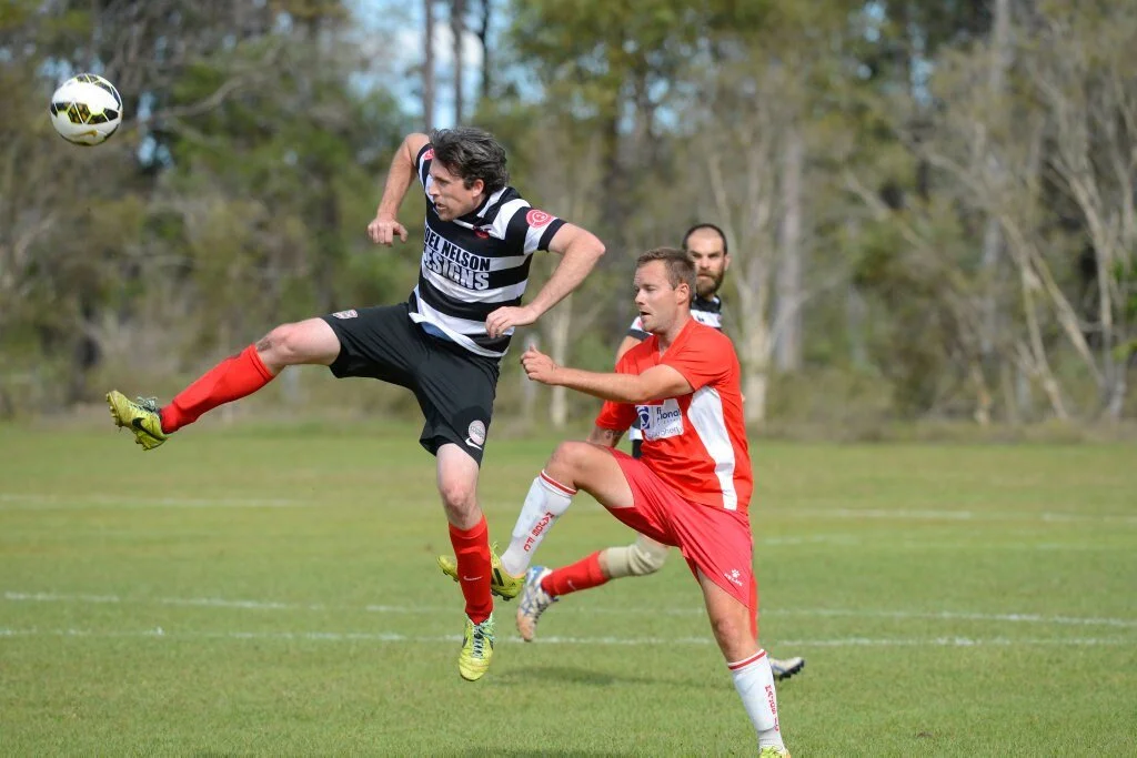 Bears Zac Page (left) during the Clarence River men's second division soccer grand final between Majos and Yuarygir Bears at Wajard Oval Coutts Crossing on Saturday, 17th September, 2016. Picture: Debrah Novak