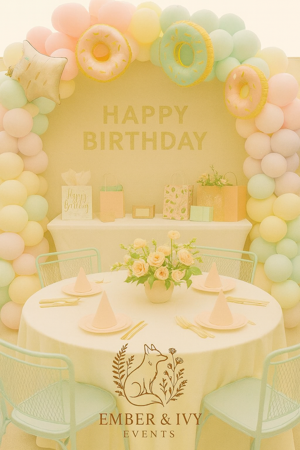 Decorated birthday celebration area with pastel balloons, a table with pink napkins, a floral centerpiece, and a backdrop with the message "Happy Birthday" surrounded by balloons and gift bags.