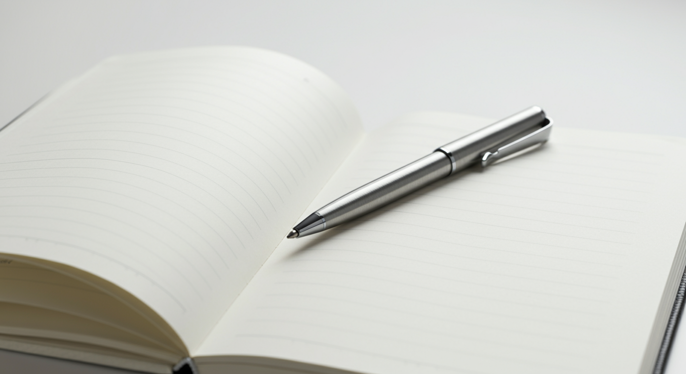 Cuaderno abierto con líneas y bolígrafo plateado descansando sobre las páginas, fondo blanco.