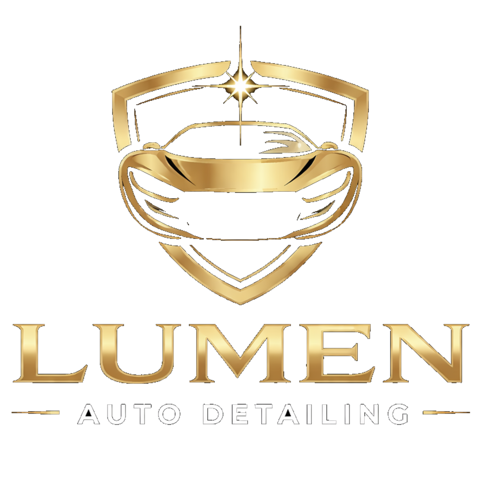 Gold and black logo for Lumen Auto Detailing featuring a stylized shield with a sleek car outline and a shining star at the top.