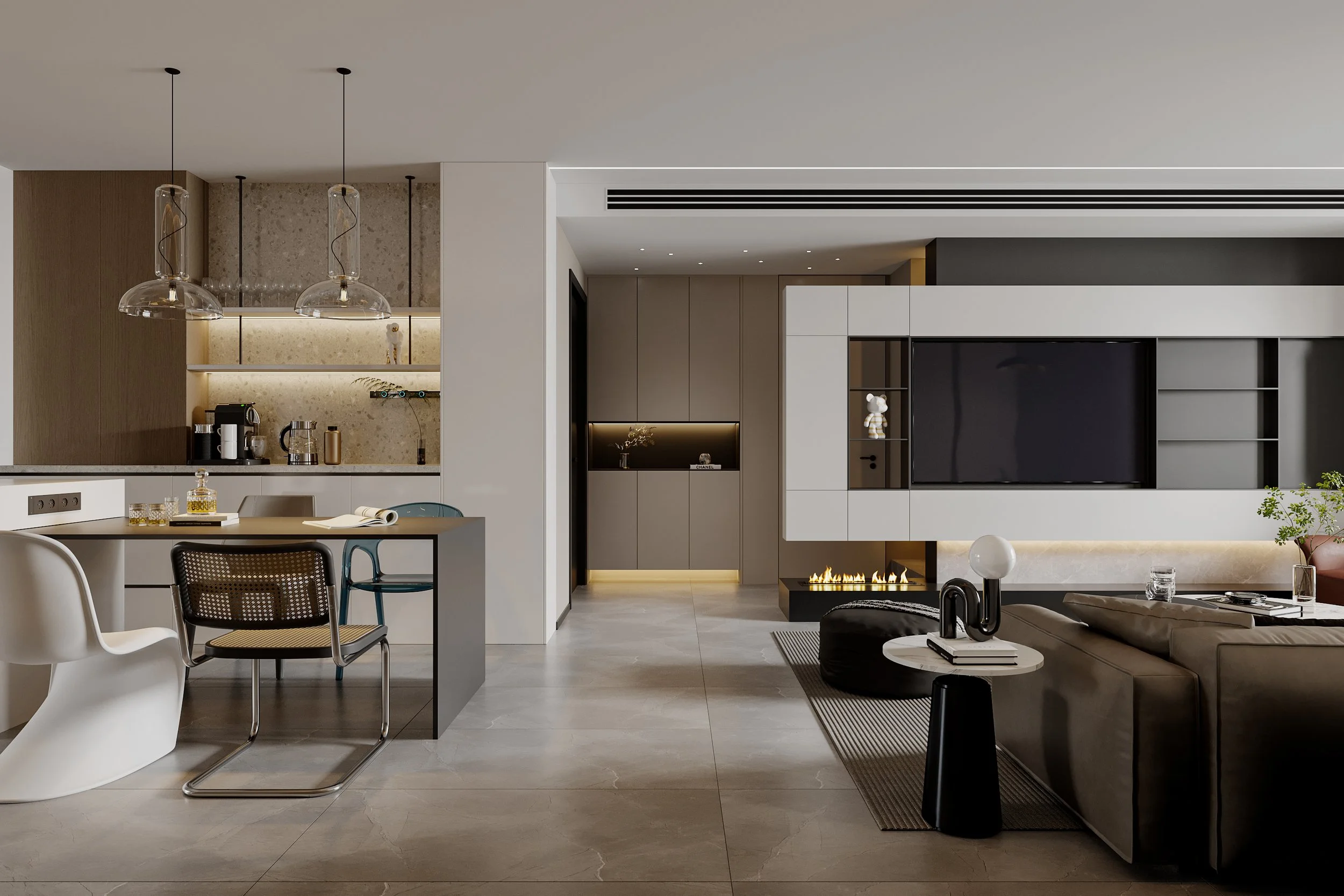 Modern open-concept living room and kitchen with minimalist design in Malawi, featuring a dining table, contemporary chairs, a leather sofa, a flat-screen TV, and a fireplace, accented by plants and decorative objects.