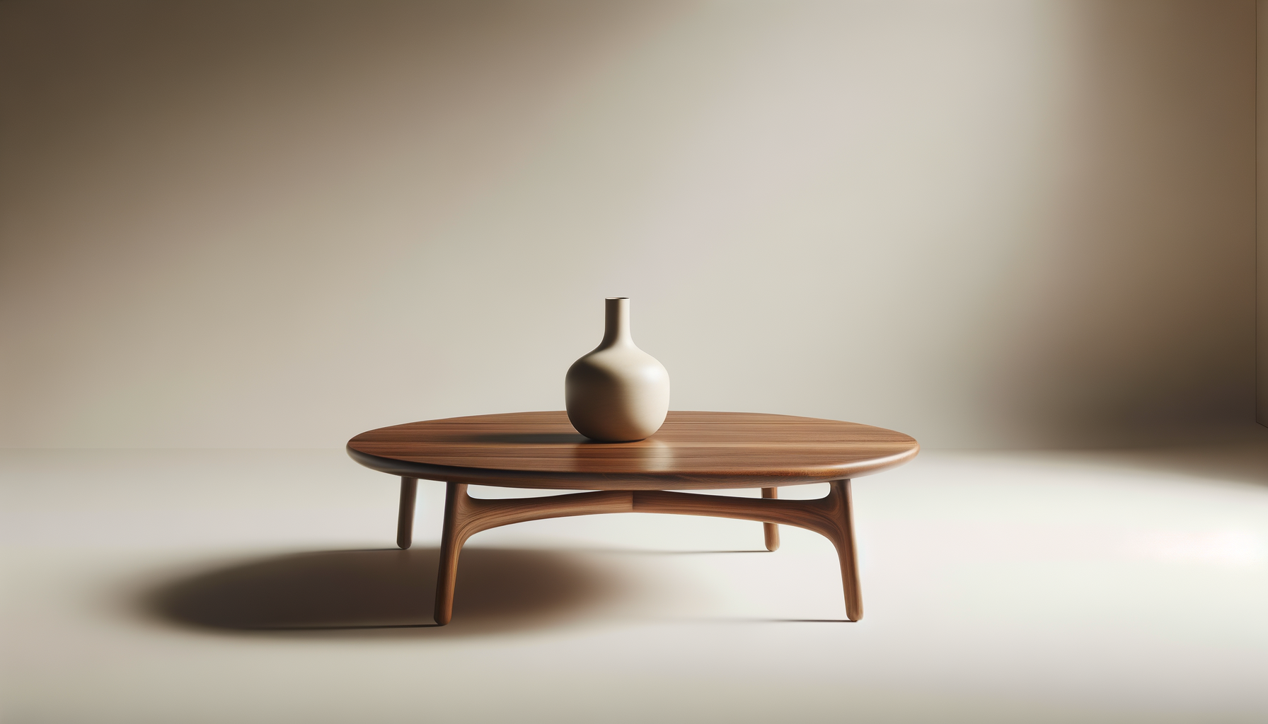 Minimalist beige vase on a wooden low-profile table against a plain, light-colored background.