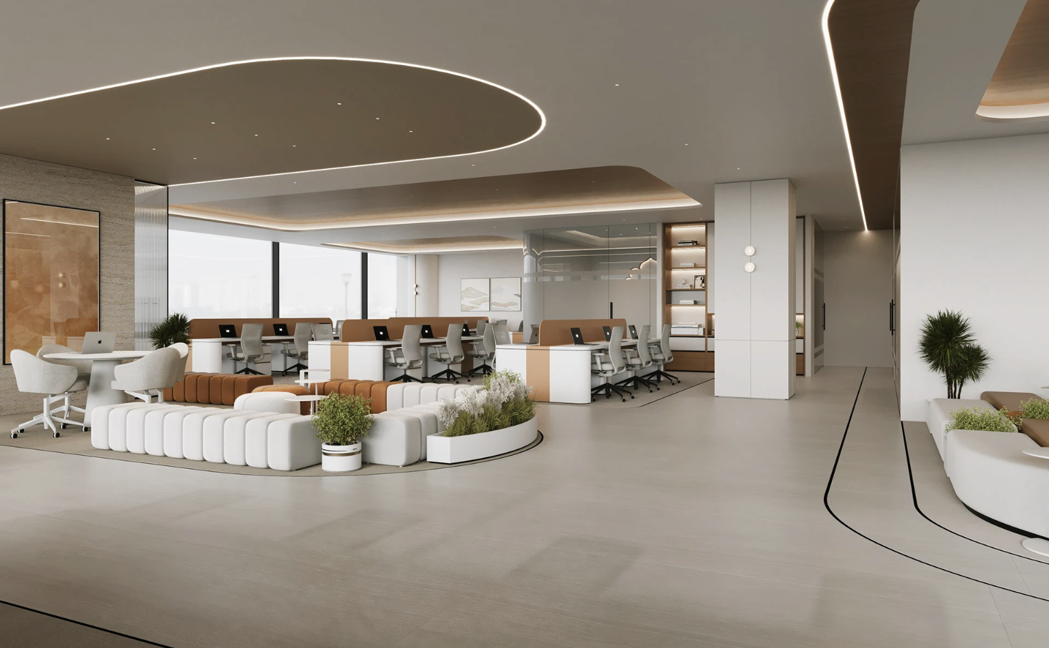 Modern, open-plan office with white and beige furniture in Malawi, workstations with computers, lounge seating, and indoor plants, featuring large windows and decorative lighting.