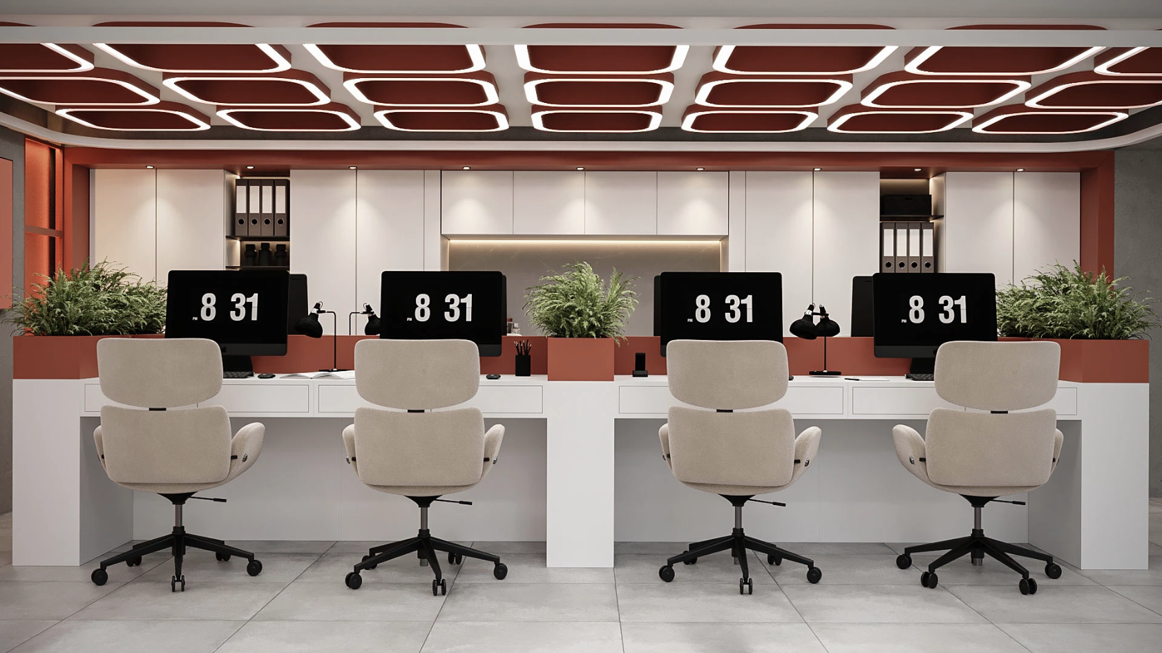 Modern office reception or workspace with four beige office chairs in front of white desks, each with a computer monitor displaying time 8:31, and decorated with potted plants and black desk accessories. Background features white cabinets and a geometric ceiling design.