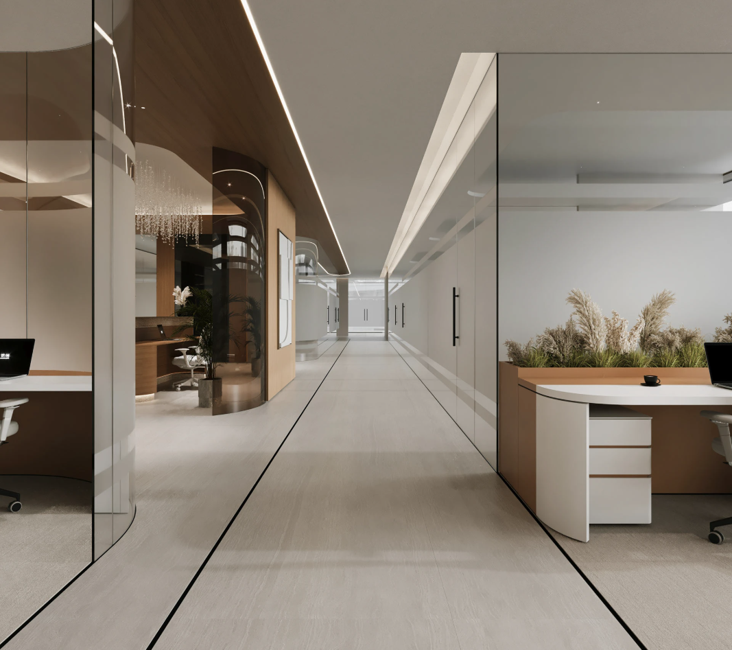 Modern office hallway with glass walls, white and wood accents, and minimal decor.