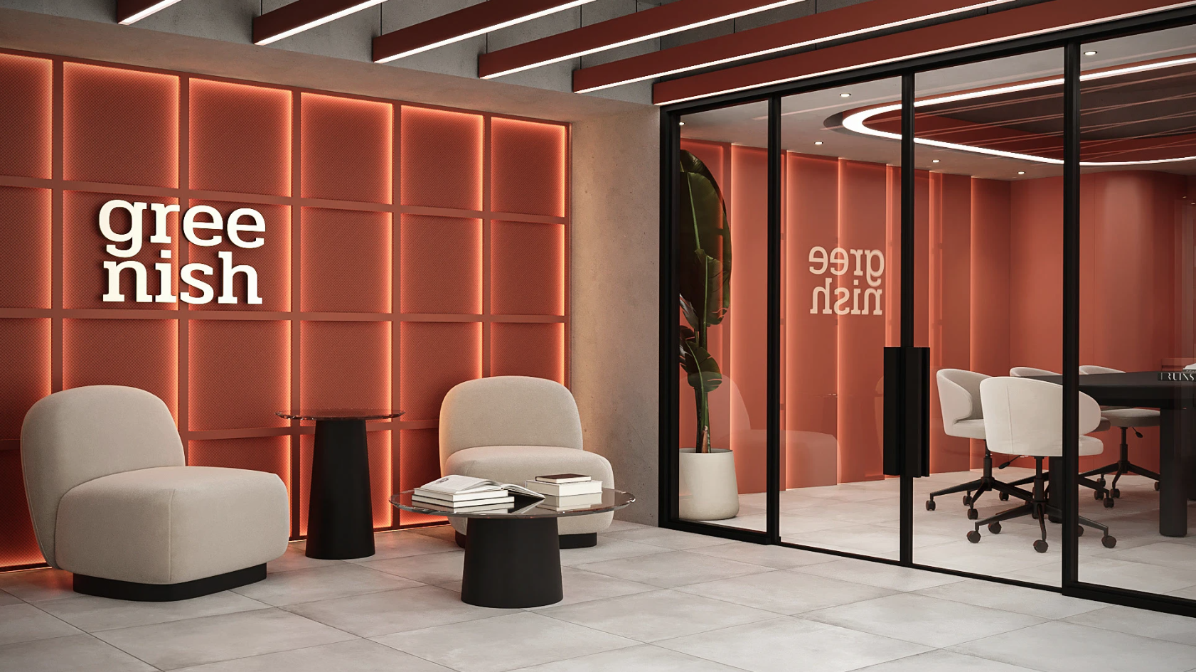Modern office lounge area with two beige chairs, a small black side table between them, a glass coffee table with books, a large potted plant, and a glass-walled conference room with round lights and a pinkish wall with the word 'greenish' lit up.