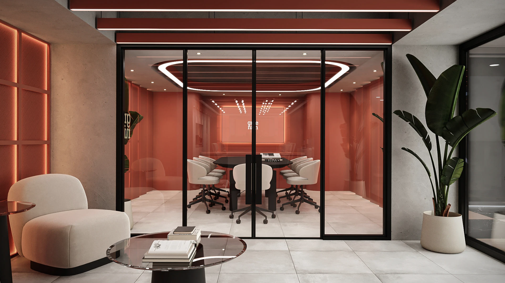Modern conference room in Malawi with glass walls, pink walls inside, white chairs around a black table, and a large screen on the wall.