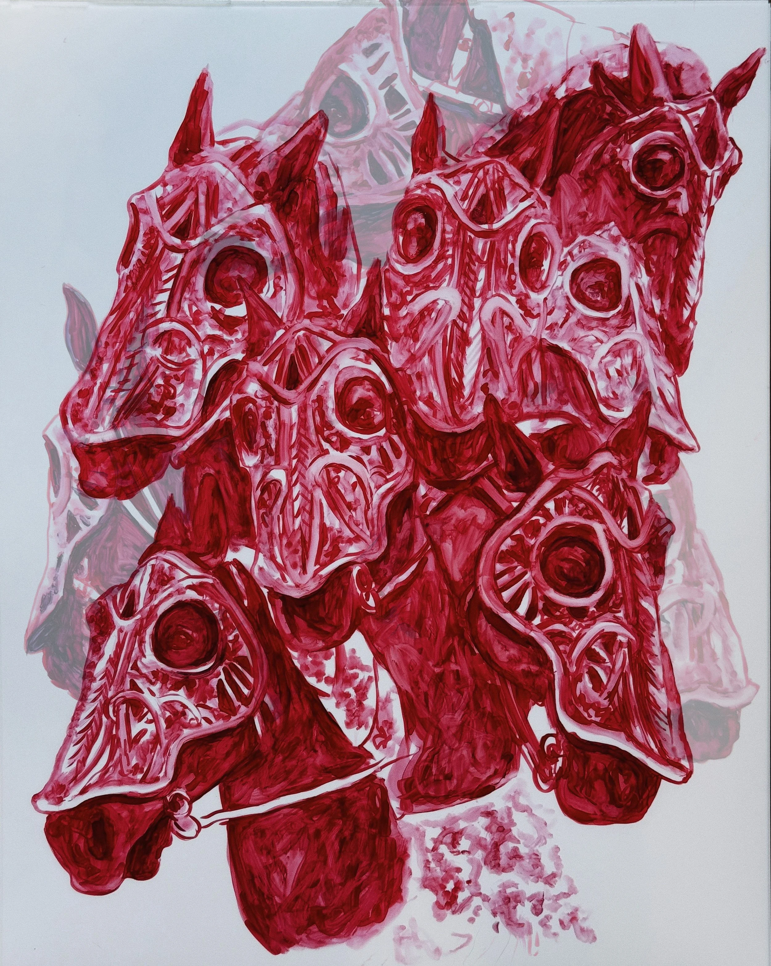 'Mares II (red)', ink, 11 x 14 inches. 2024.