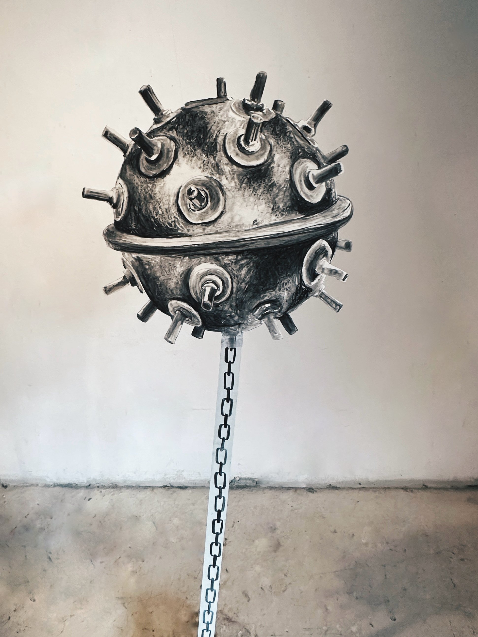 'Mines (detail)', charcoal and ink on paper, wood, and foam. 5 ft 8 in. 2024