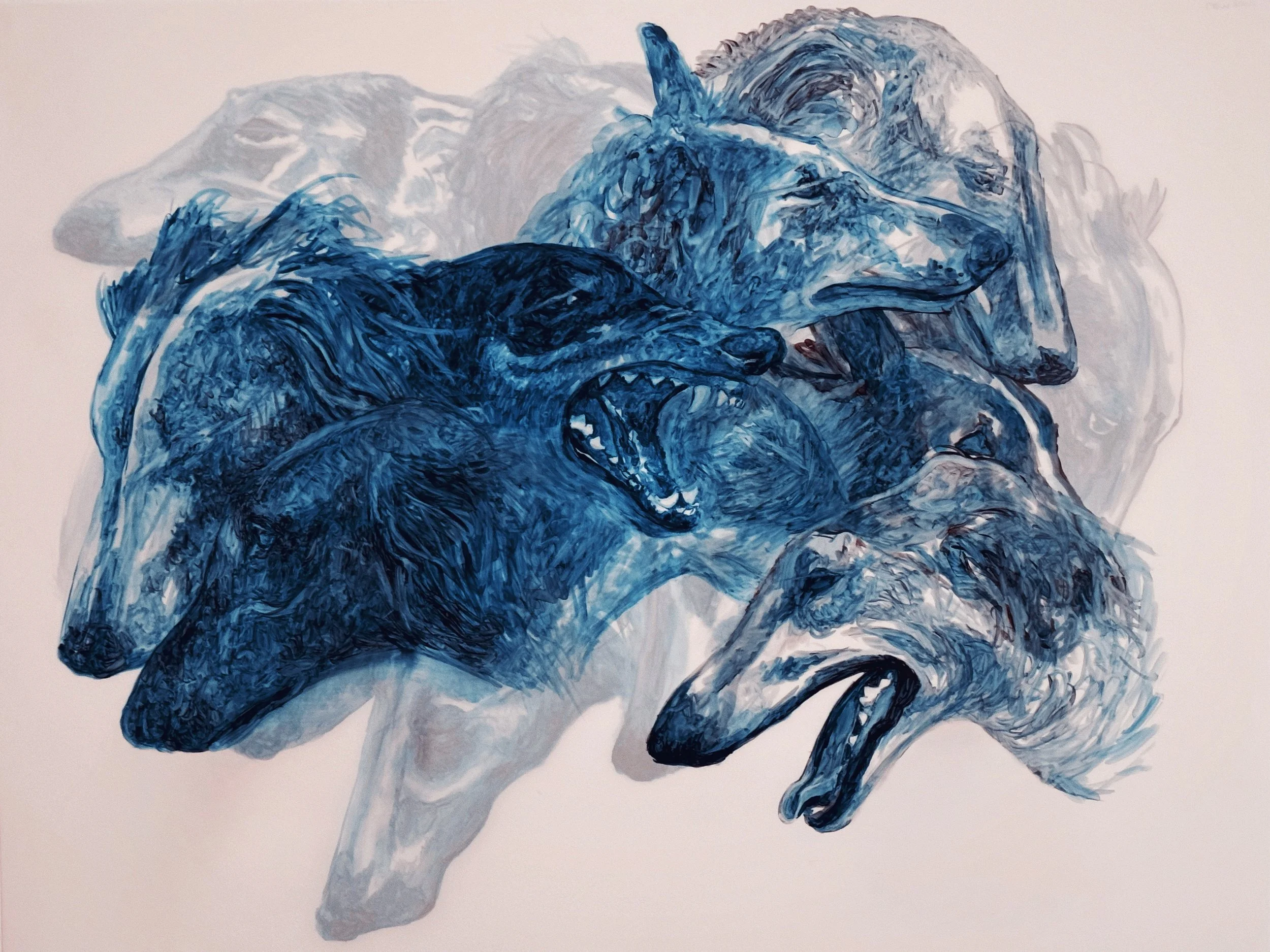 'Dogs I (blue)', ink on translucent paper, 22 x 26 inches. 2025. 