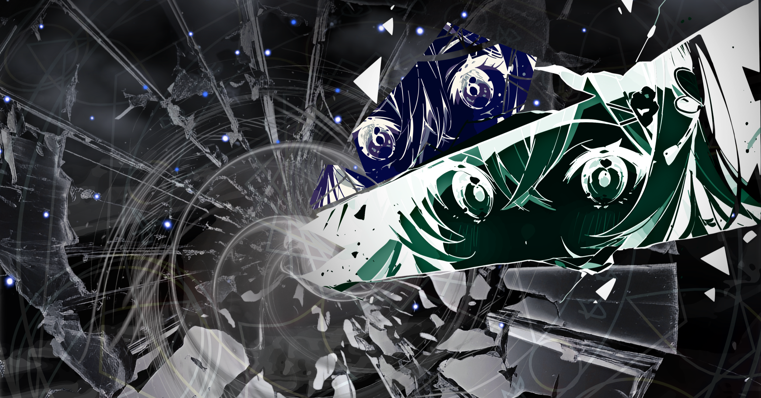 Abstract digital art featuring shattered glass, swirling lines, and cartoonish eyes on a torn paper background.