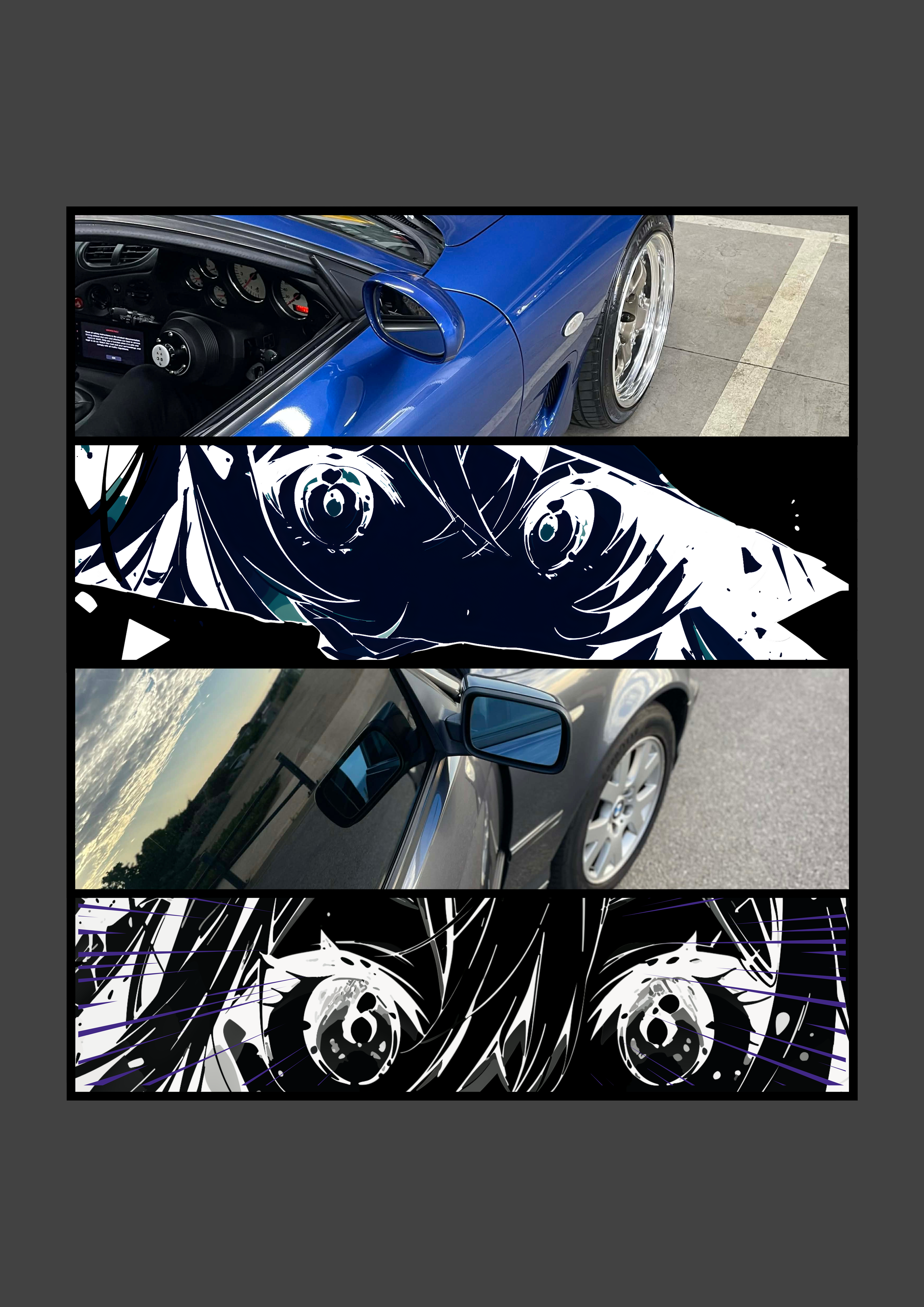 A collage of four images with a black and white manga-style illustration in the middle. The top image shows a blue sports car's interior and part of the exterior, including the dashboard, wheel, and side mirror. The second image is a stylized manga drawing of a person's face with wide eyes. The third image features the side mirror and part of a black sports car parked outdoors with a sunset in the background. The bottom image is another manga-style illustration of a person's eyes with long hair framing the face.